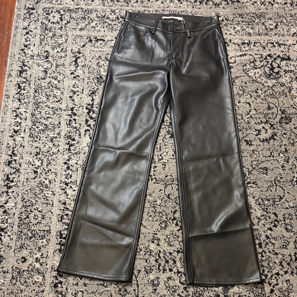Black vegan leather low rise straight Pants
